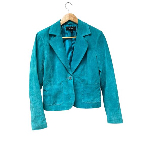 Alfani Suede Leather Jacket Small Teal Blue Button Front Soft Stylish Outerwear - Picture 3 of 5